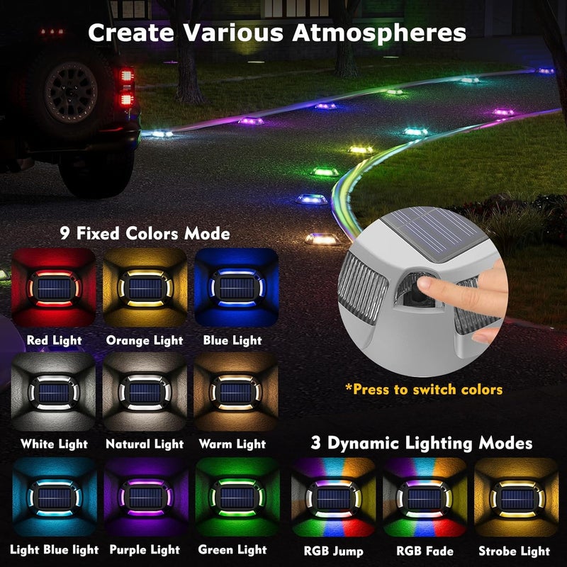 VIODAIM 4Pack Aluminum Alloy Solar Driveway Lights, IP68 Solar Deck Light Marine Dock Lights Outdoor Waterproof, Multi-color LED Driveway Markers for Walkway, Path Decor [12Modes - Strobe/RGB/Fix-color] - Image 2
